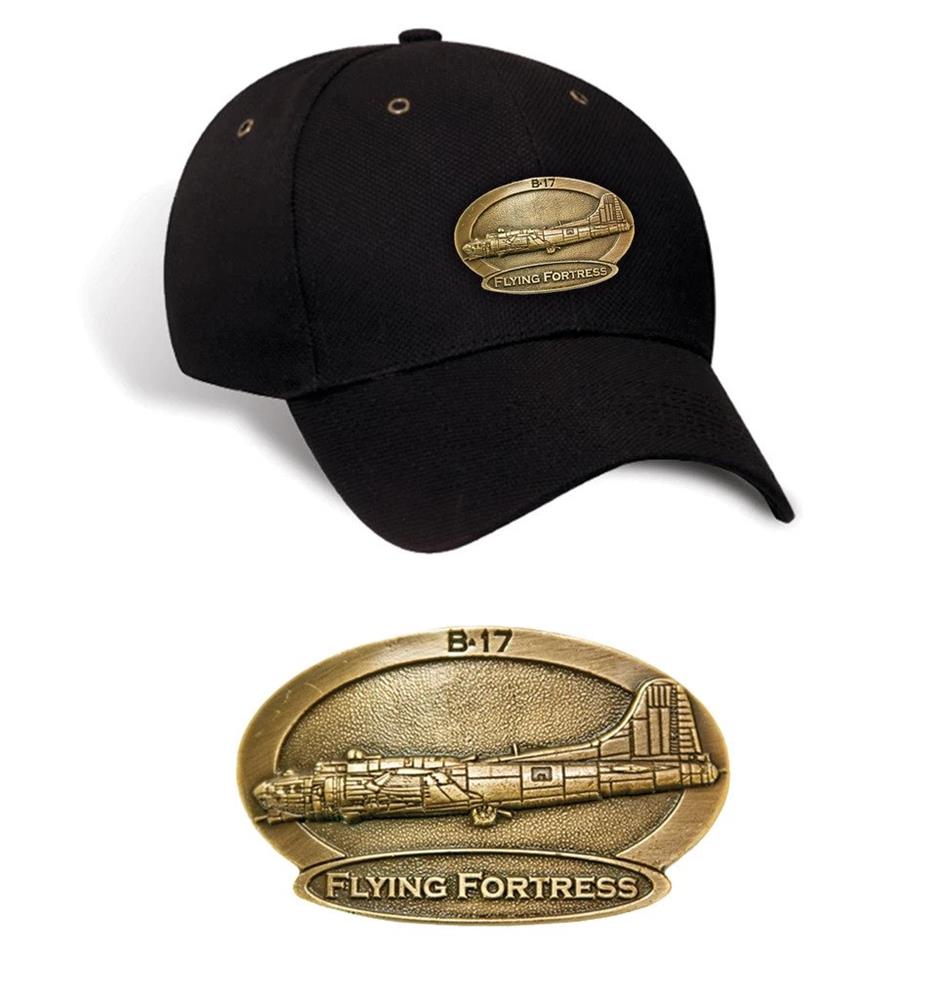 B-17 Flying Fortress Brass Badge Cap Black - Click Image to Close