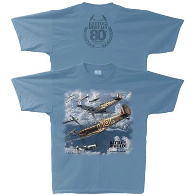 Battle Of Britain Spitfire 80th Anniversary T-Shirt Blue MEDIUM - Click Image to Close