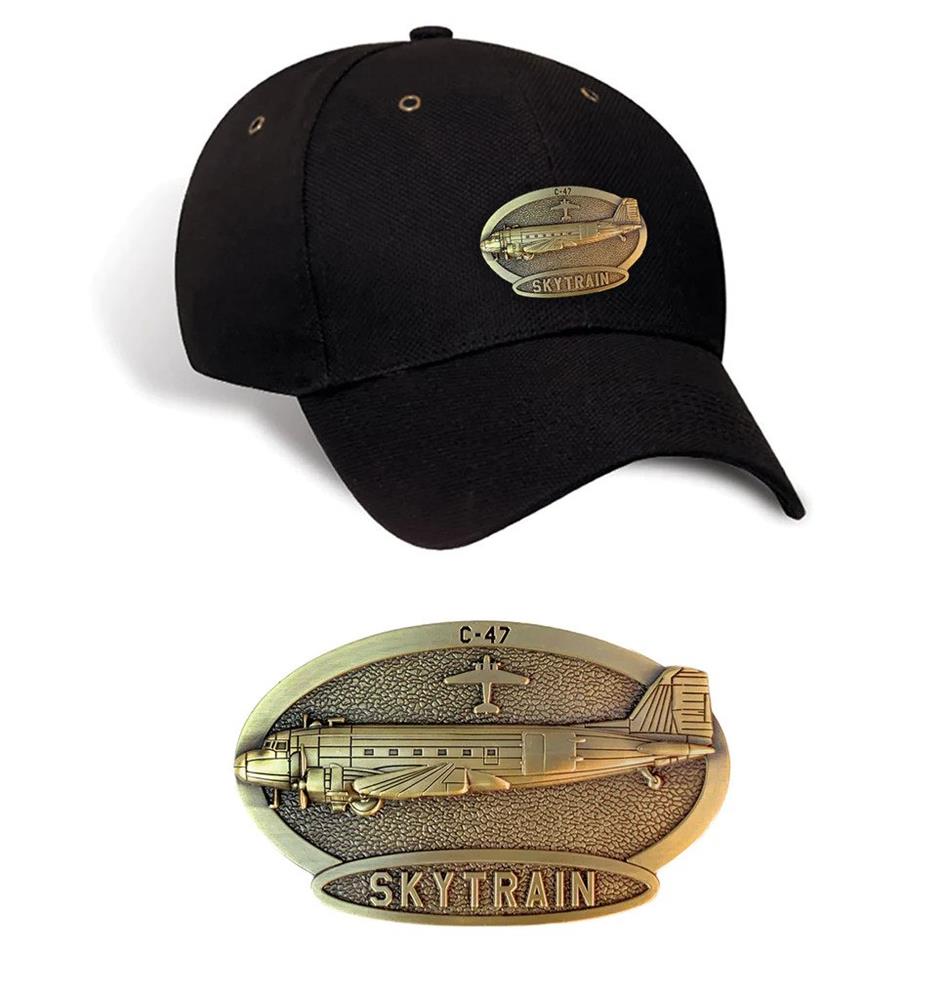 C-47 Skytrain Brass Badge Cap Black - Click Image to Close