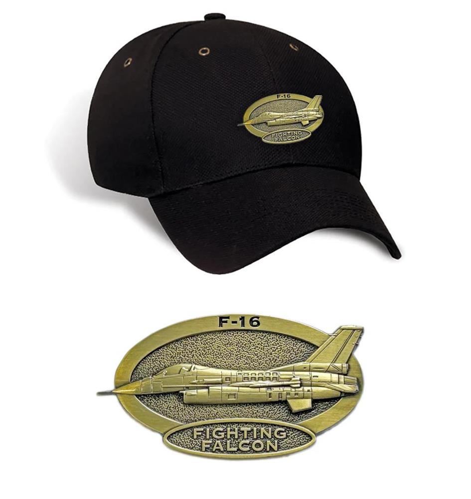 F-16 Falcon Brass Badge Cap Black - Click Image to Close