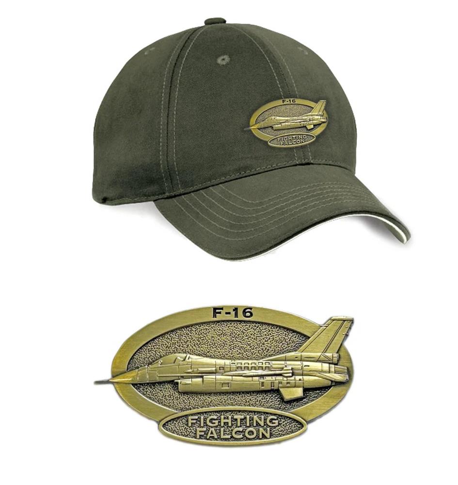 F-16 Falcon Brass Badge Cap Khaki - Click Image to Close