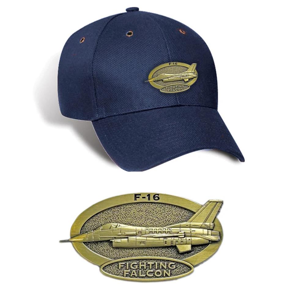 F-16 Falcon Brass Badge Cap Navy Blue - Click Image to Close