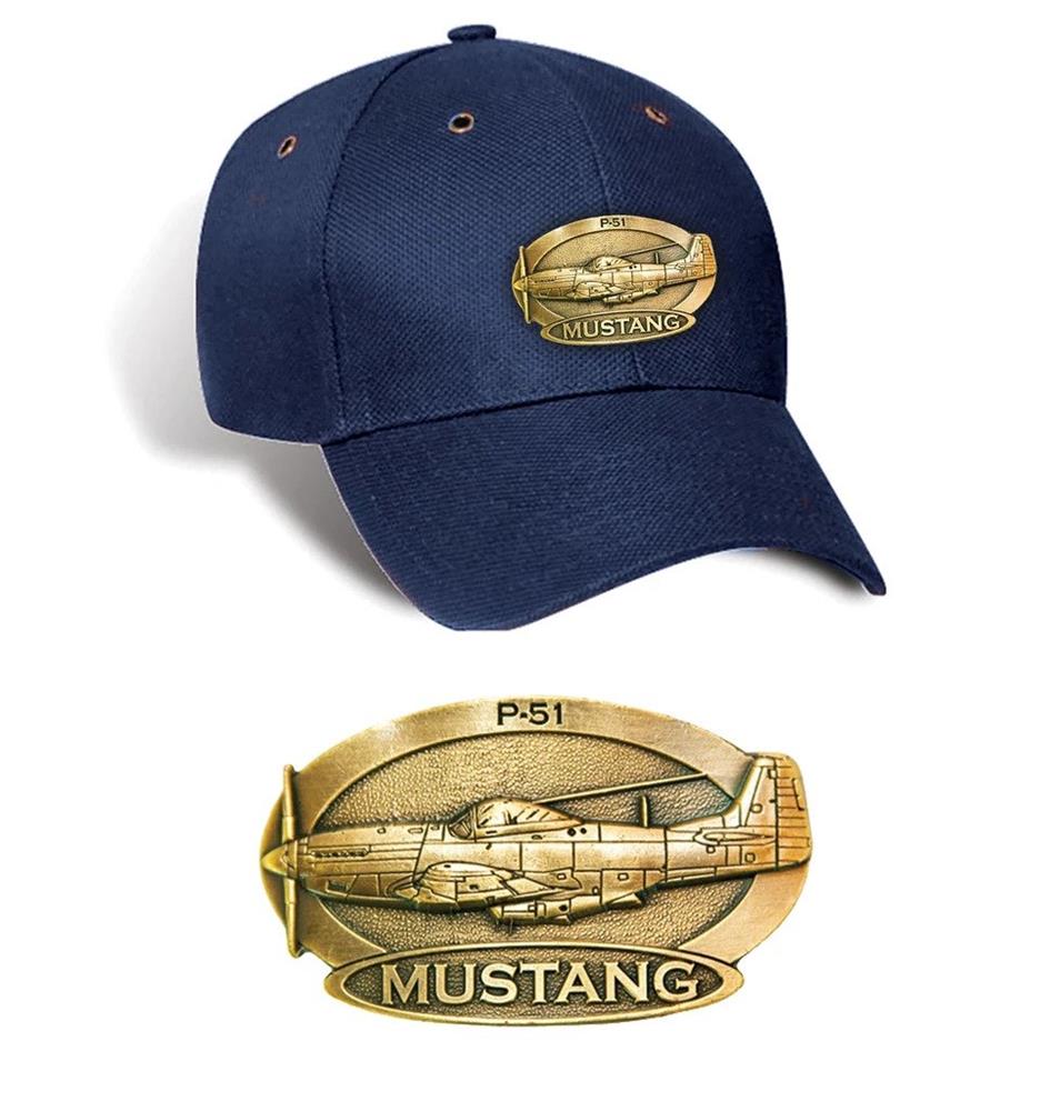 P-51 Mustang Brass Badge Cap Navy Blue - Click Image to Close