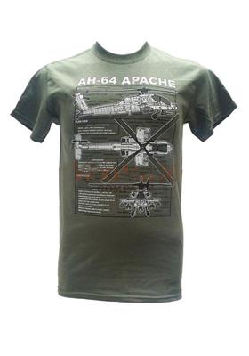Apache AH-64 Helicopter Blueprint Design T-Shirt Olive Green SMALL - Click Image to Close
