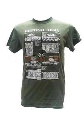 British Army Tanks Blueprint Design T-Shirt Olive Green LARGE - Click Image to Close
