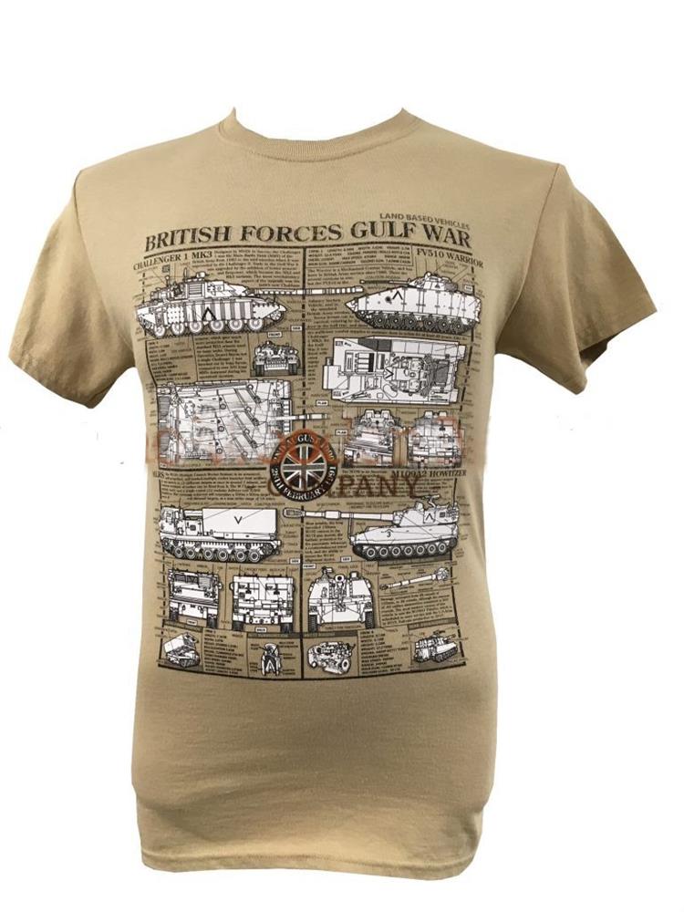 British Forces Gulf War Land Vehicles Blueprint Design T-Shirt Sand 2X-LARGE - Click Image to Close