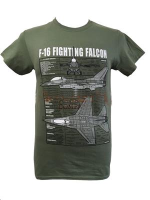 Lockheed Martin F-16 Fighting Falcon Blueprint Design T-Shirt Olive 2X-LARGE - Click Image to Close