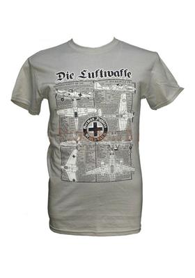 Die Luftwaffe - German WW2 Fighters Blueprint Design T-Shirt Grey SMALL - Click Image to Close