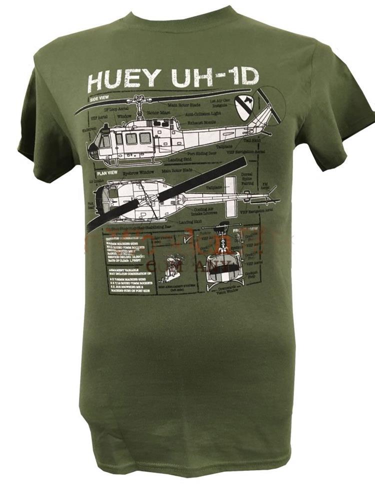 Huey UH-1D Helicopter Blueprint Design T-Shirt Olive Green LARGE - Click Image to Close