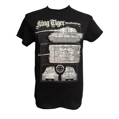 King Tiger WW2 Tank Blueprint Design T-Shirt Black SMALL - Click Image to Close