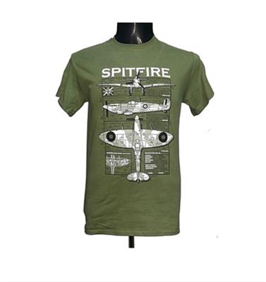 Spitfire Blueprint Design T-Shirt Olive Green LARGE - Click Image to Close