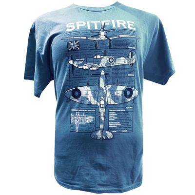 Spitfire Blueprint Design T-Shirt Blue LARGE - Click Image to Close