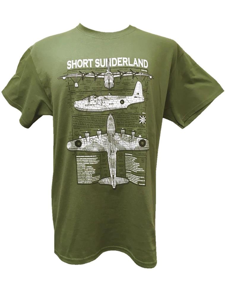 Short Sunderland S.25 Blueprint Design T-Shirt Olive Green 2X-LARGE - Click Image to Close