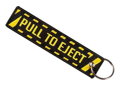 Pull To Eject Embroidered Keyring/Luggage Tag Yellow On Black