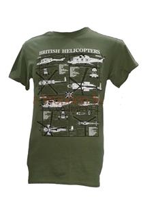 British Helicopters Blueprint Design T-Shirt Olive Green MEDIUM