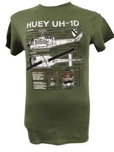 Huey UH-1D Helicopter Blueprint Design T-Shirt Olive Green LARGE